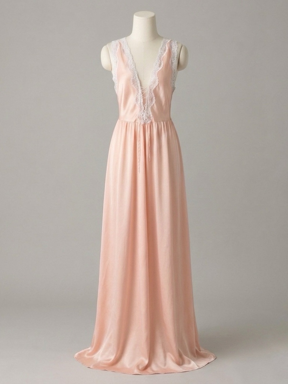 Vintage 1980s Pink Satin Lace Tie Front Nightgown Pale Size S Romantic Princess